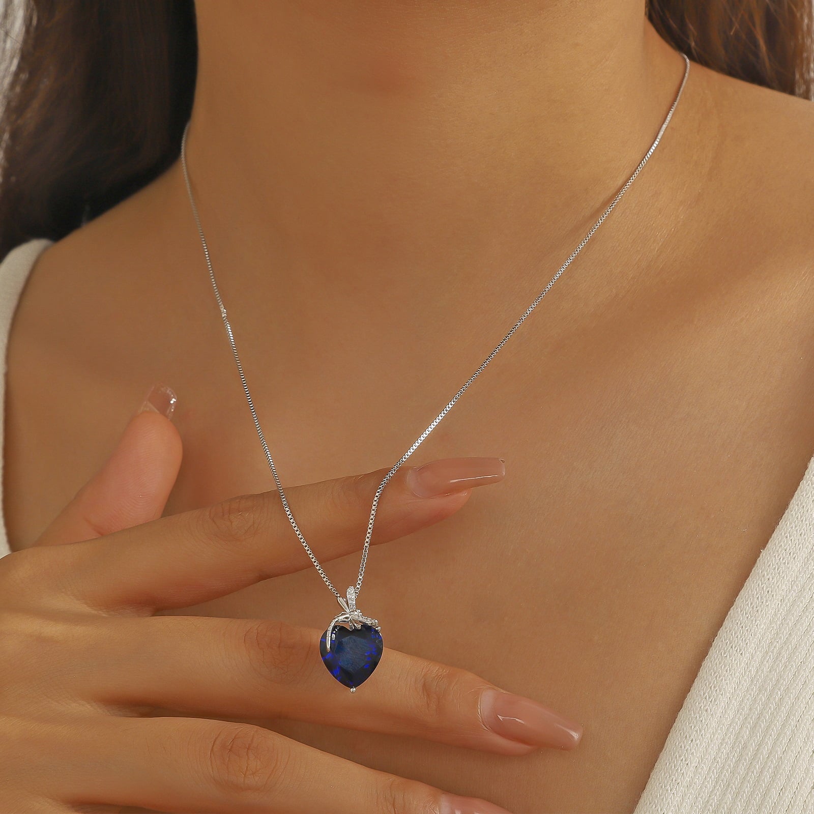 Dragonfly Necklace Heart September Birthstone Necklace Sapphire Blue 925 Sterling Silver Pendant Jewelry Women Birthday Christmas Mother's Day Gift - Aurora Tears