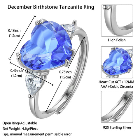 6Ct Heart Women Ring December Birthstone Tanzanite Blue 925 Sterling Silver Ring Jewelry Mom Christmas Birthday Valentine Gifts for Girlfriend - Aurora Tears