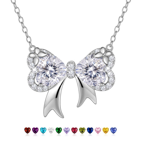 Juwaliy Silver Plated Buttefly Necklace for Women, April Birthstone Simulated Daimond White Bow Pendant Jewelry Christmas Birthday Valentine's Day Gift for Her