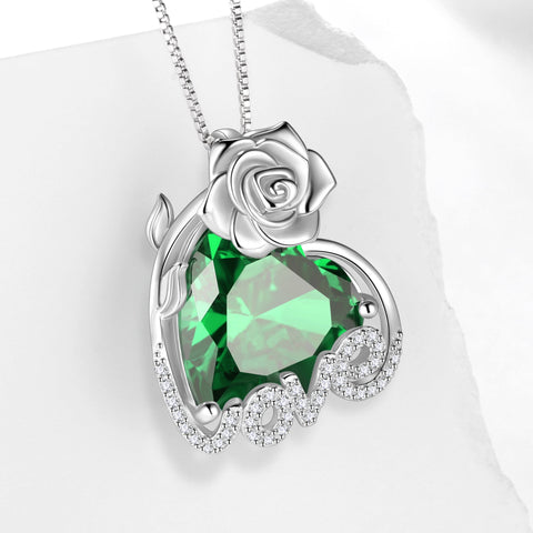 15MM Rose Heart Women Necklace May Birthstone 925 Sterling Silver Flower Love Pendant Green Emerald Jewelry Christmas Birthday Mothers Day Gift for Wife - Aurora Tears