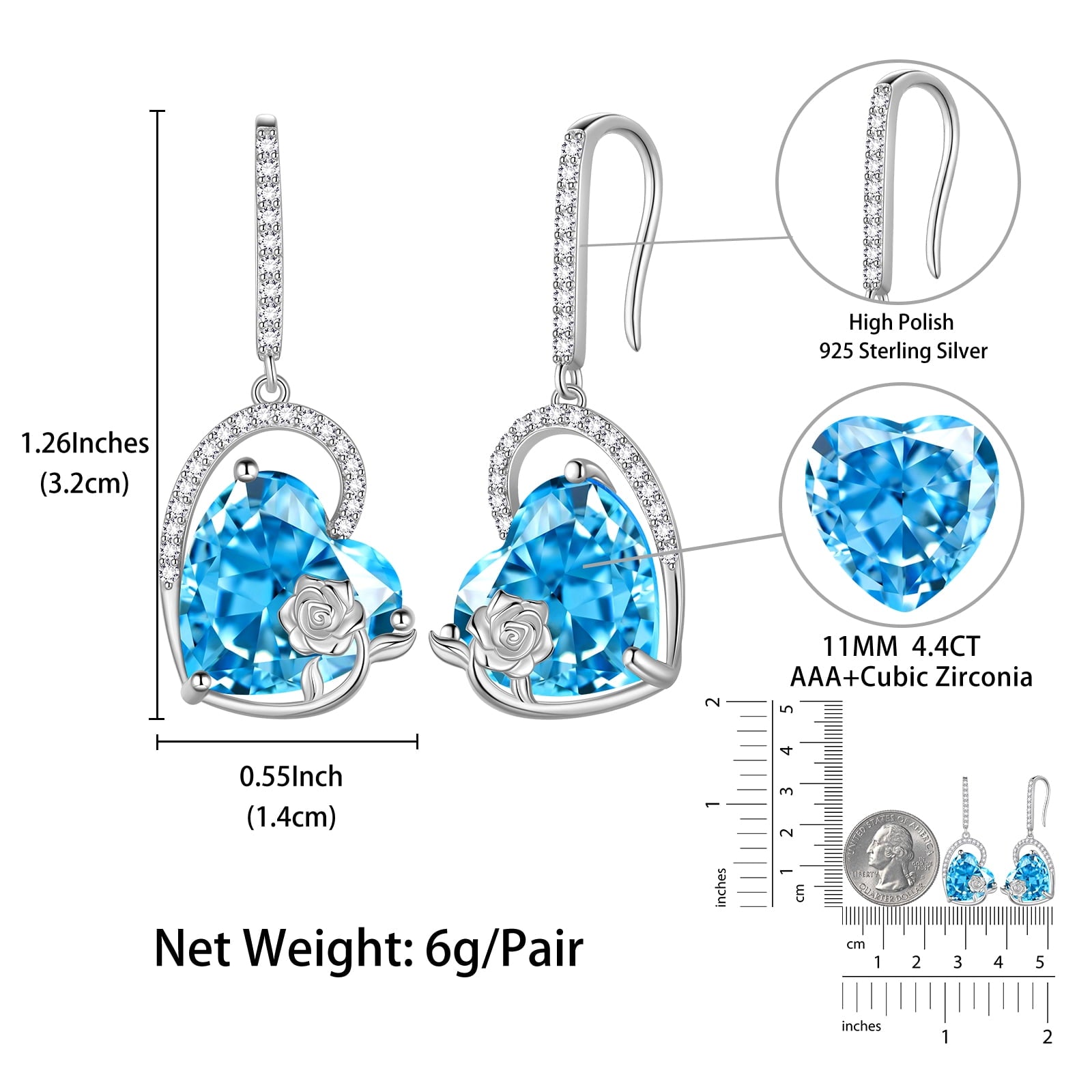 925 Sterling Silver Earrings Women Heart March Birthstone Hook Dangle Earring Aquamarine Blue Rose Flower Jewelry Mother Birthday Gift - Aurora Tears