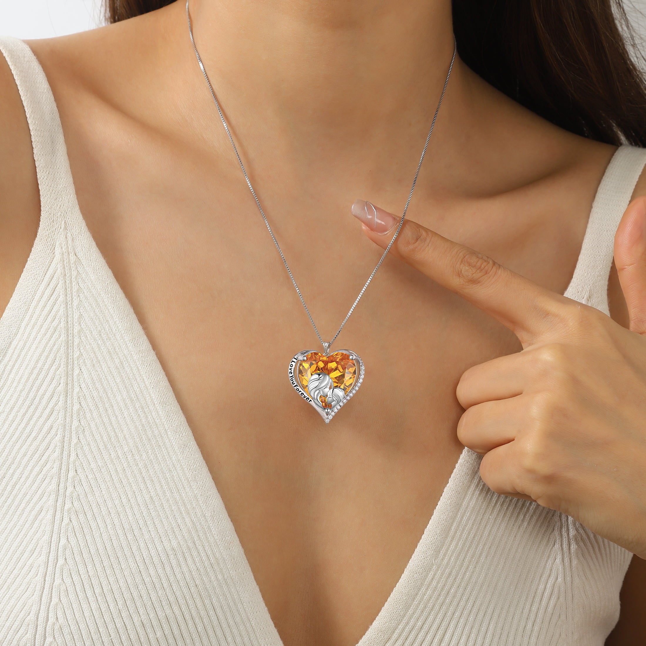 Mother and Daughter Necklace 925 Sterling Silver Heart Yellow Citrine Birthstone Pendant Jewelry November Birthday Christmas Mother's Day Gift for Women - Aurora Tears