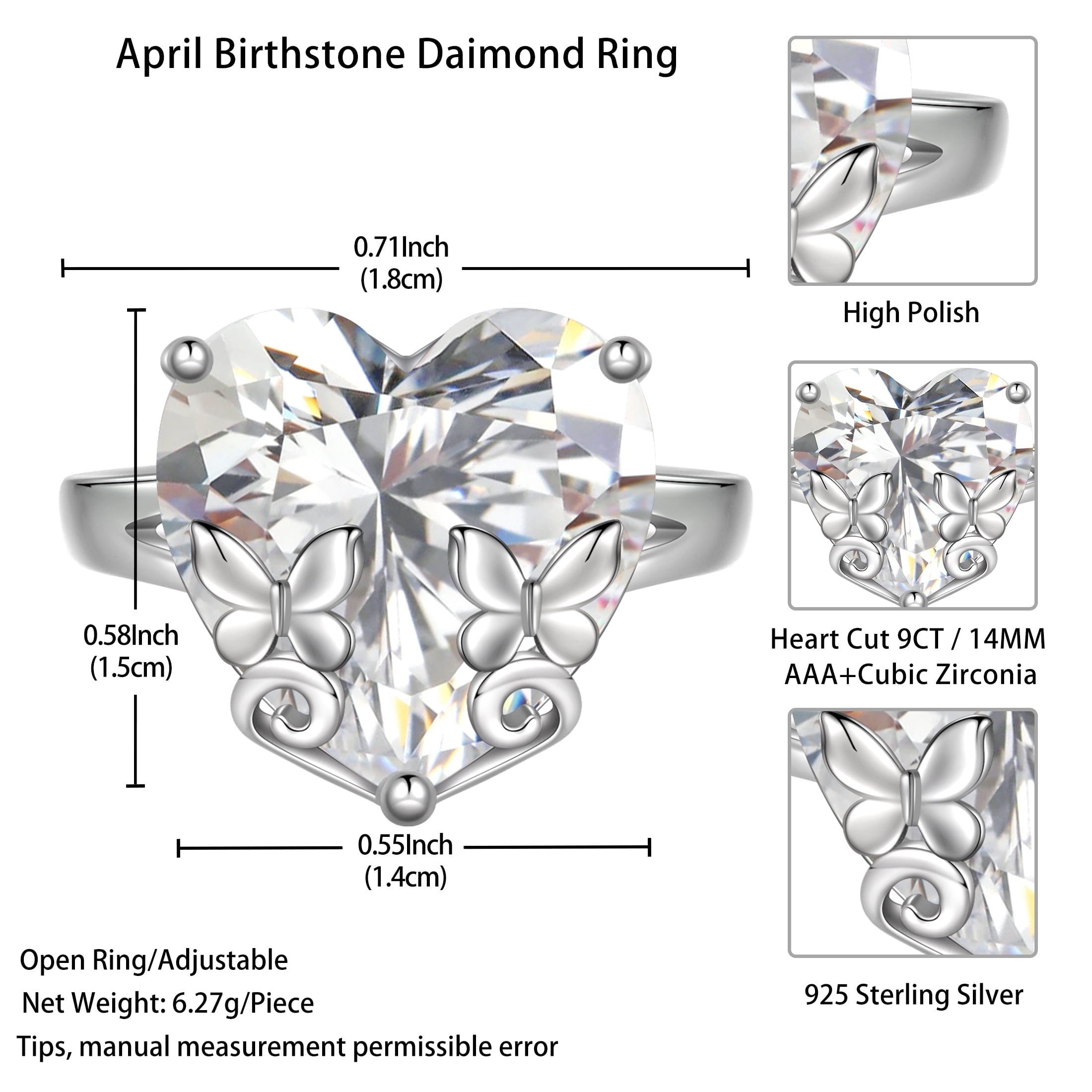9Ct Women Heart Ring 925 Sterling Silver Butterfly April Birthstone Diamond Crystal Solitaire Ring Bridal Jewelry Birthday Gift - Aurora Tears