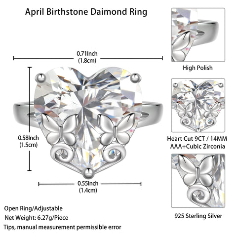 9Ct Women Heart Ring 925 Sterling Silver Butterfly April Birthstone Diamond Crystal Solitaire Ring Bridal Jewelry Birthday Gift - Aurora Tears