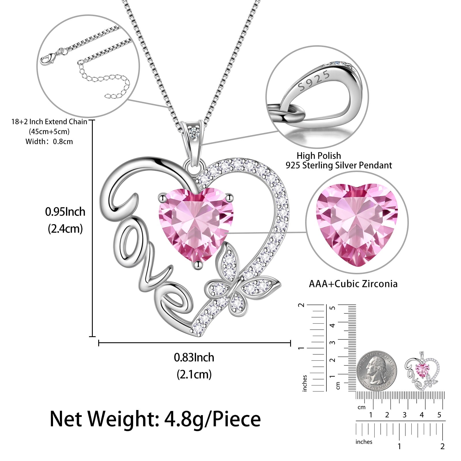 Women Pink Love Heart Necklace Butterfly October Birthstone Necklace Tourmaline 925 Sterling Silver Pendant Jewelry Mother Birthday Valentine's Day Gift - Aurora Tears