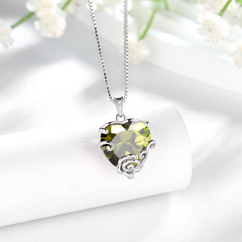 Women Heart Necklace August Birthstone Peridot Jewelry 925 Sterling Silver Flower Rose Pendant Mom Christmas Birthday Mother's Day Gift - Aurora Tears