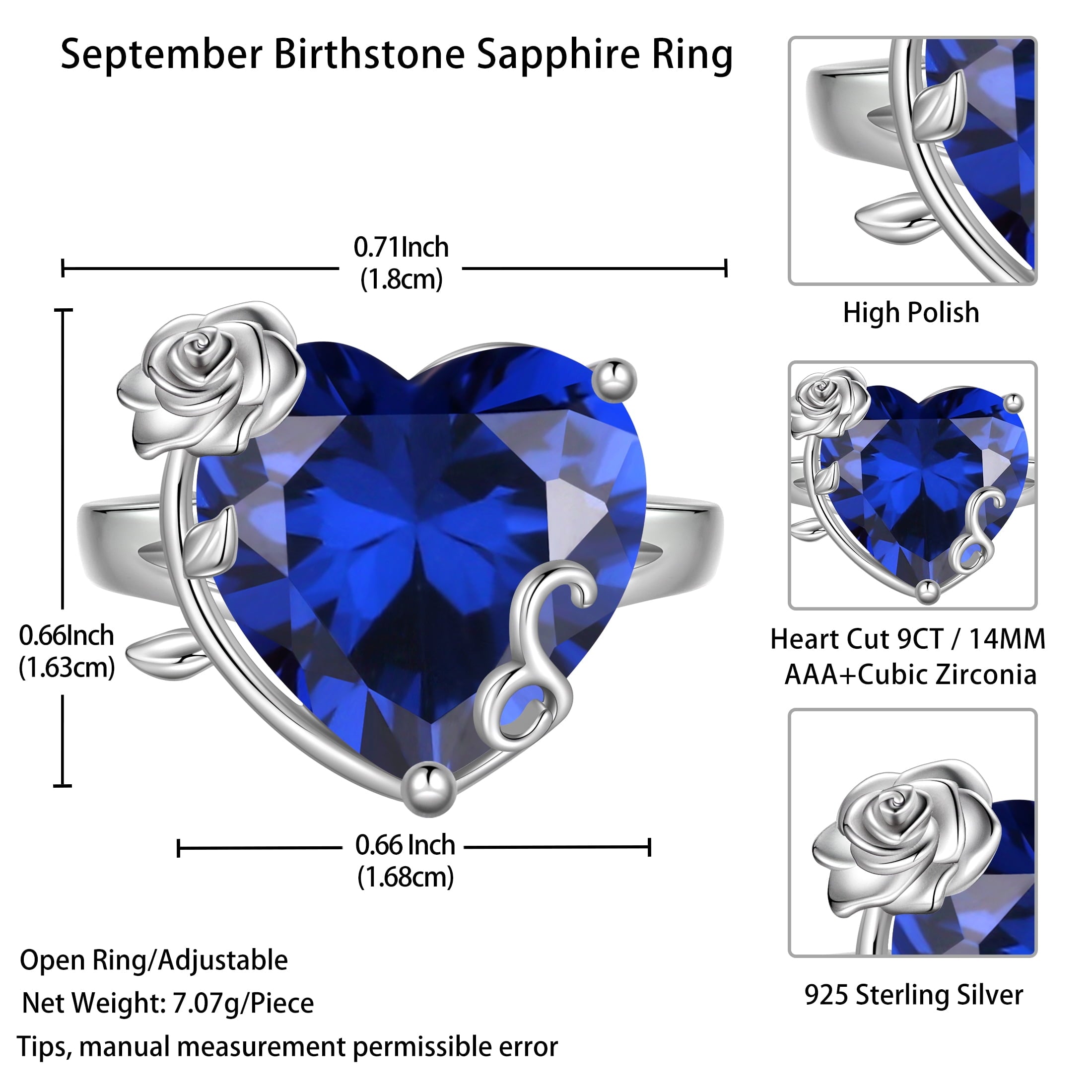 9Ct Women Heart Ring 925 Sterling Silver Rose Flower September Birthstone Sapphire Blue Solitaire Ring Jewelry Birthday Mother's Day Gift - Aurora Tears