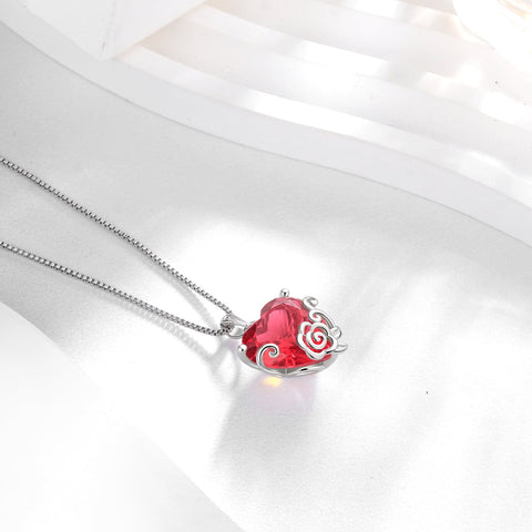 Women Heart Necklace July Birthstone Ruby Jewelry 925 Sterling Silver Red CZ Flower Rose Pendant Mother Birthday Valentine's Day Gifts - Aurora Tears
