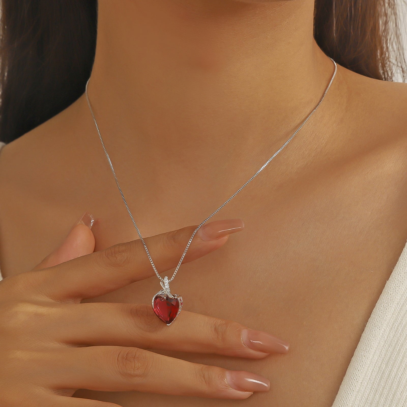 Dragonfly Necklace Heart July Birthstone Necklace Ruby Red 925 Sterling Silver Pendant Jewelry Women Wedding Birthday Christmas Mother's Day Gifts - Aurora Tears