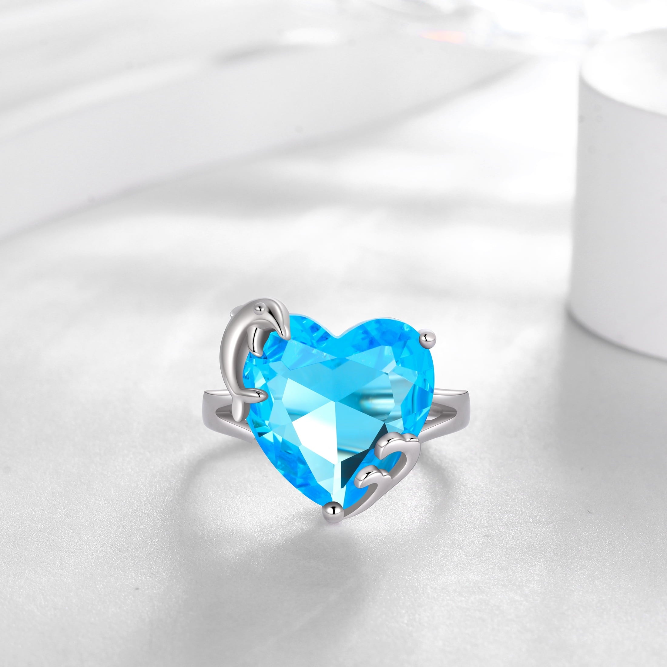 9Ct Women Heart Ring 925 Sterling Silver Dolphin March Birthstone Aquamarine Blue Solitaire Ring Jewelry Birthday Gift for Mother - Aurora Tears