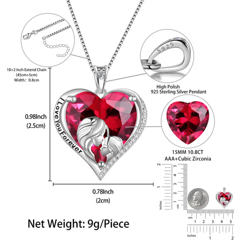 Women Heart Necklace for Mother Daughter 925 Sterling Silver CZ Ruby Birthstone Pendant Jewelry July Birthday Christmas Mother's Day Gift - Aurora Tears