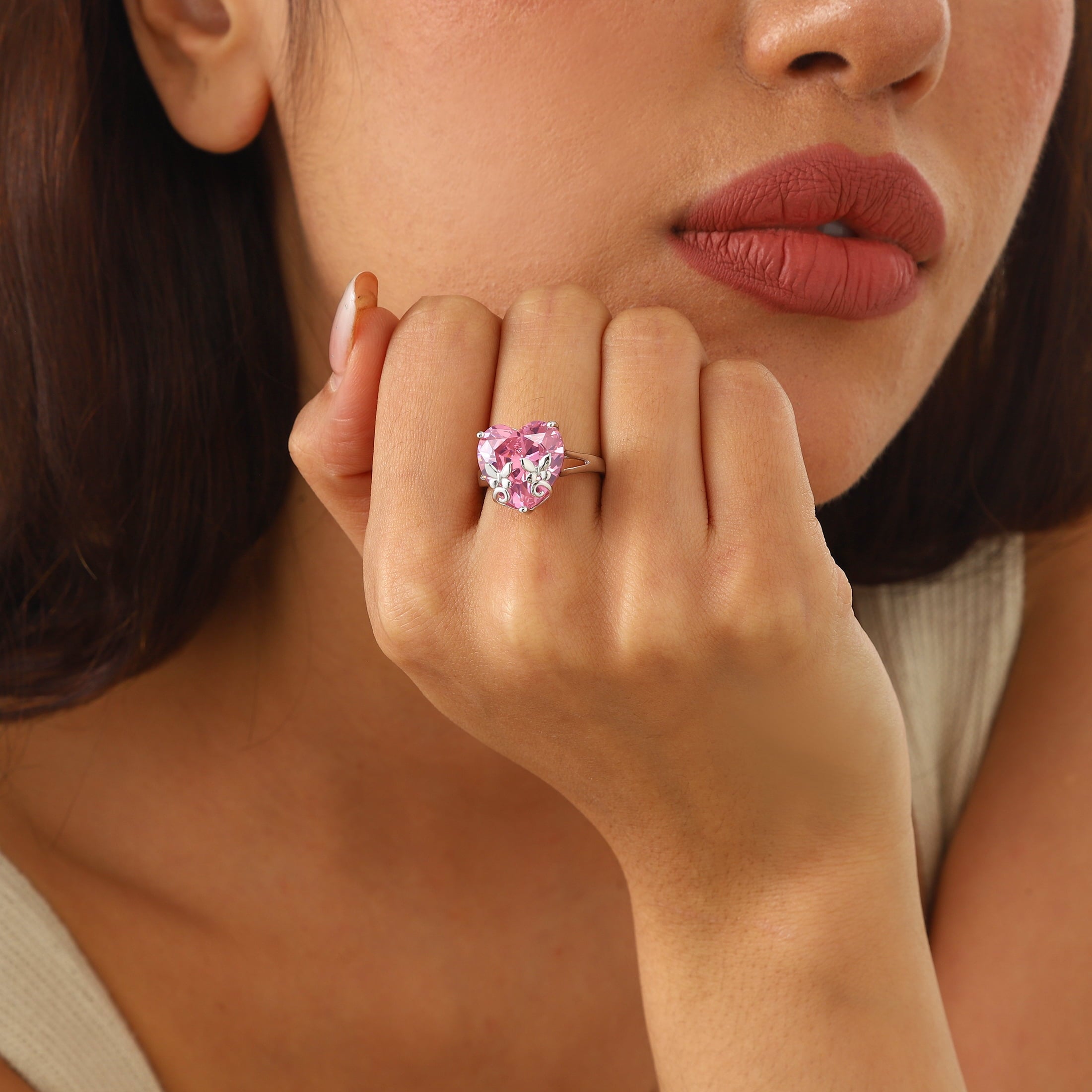 9Ct Women Heart Ring 925 Sterling Silver Butterfly October Birthstone Tourmaline Pink Solitaire Ring Jewelry Mother Birthday Valentine's Day Gifts - Aurora Tears