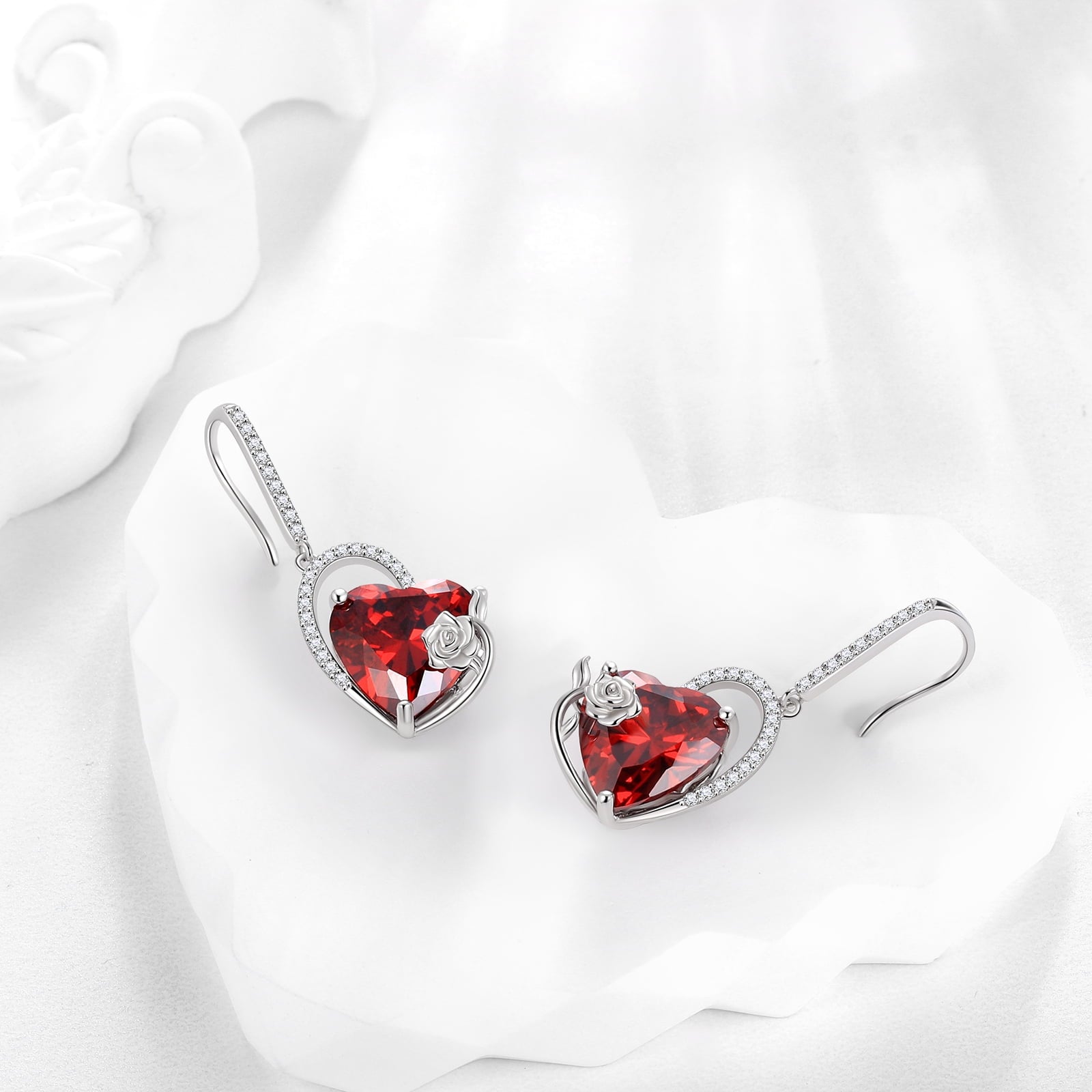 925 Sterling Silver Earrings Women Heart January Birthstone Hook Dangle Earring Garnet Red Flower Jewelry Birthday Valentine's Day Gifts - Aurora Tears