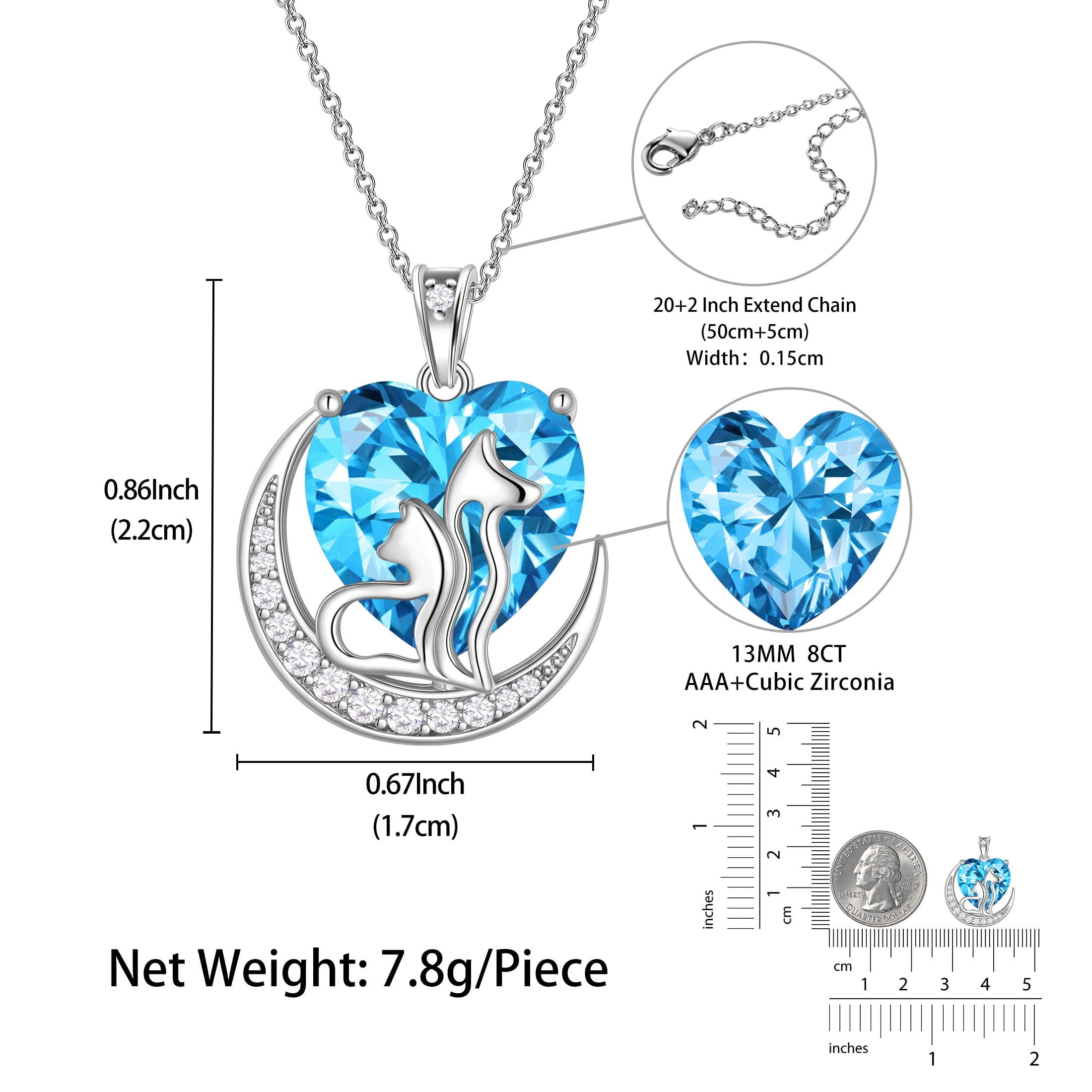 Women Animal Cat and Dog Necklace Blue Heart March Birthstone Charm Aquamarine Pendant Jewelry Birthday Mother's Day Gift for Wife Daughter Pet Lovers - Aurora Tears