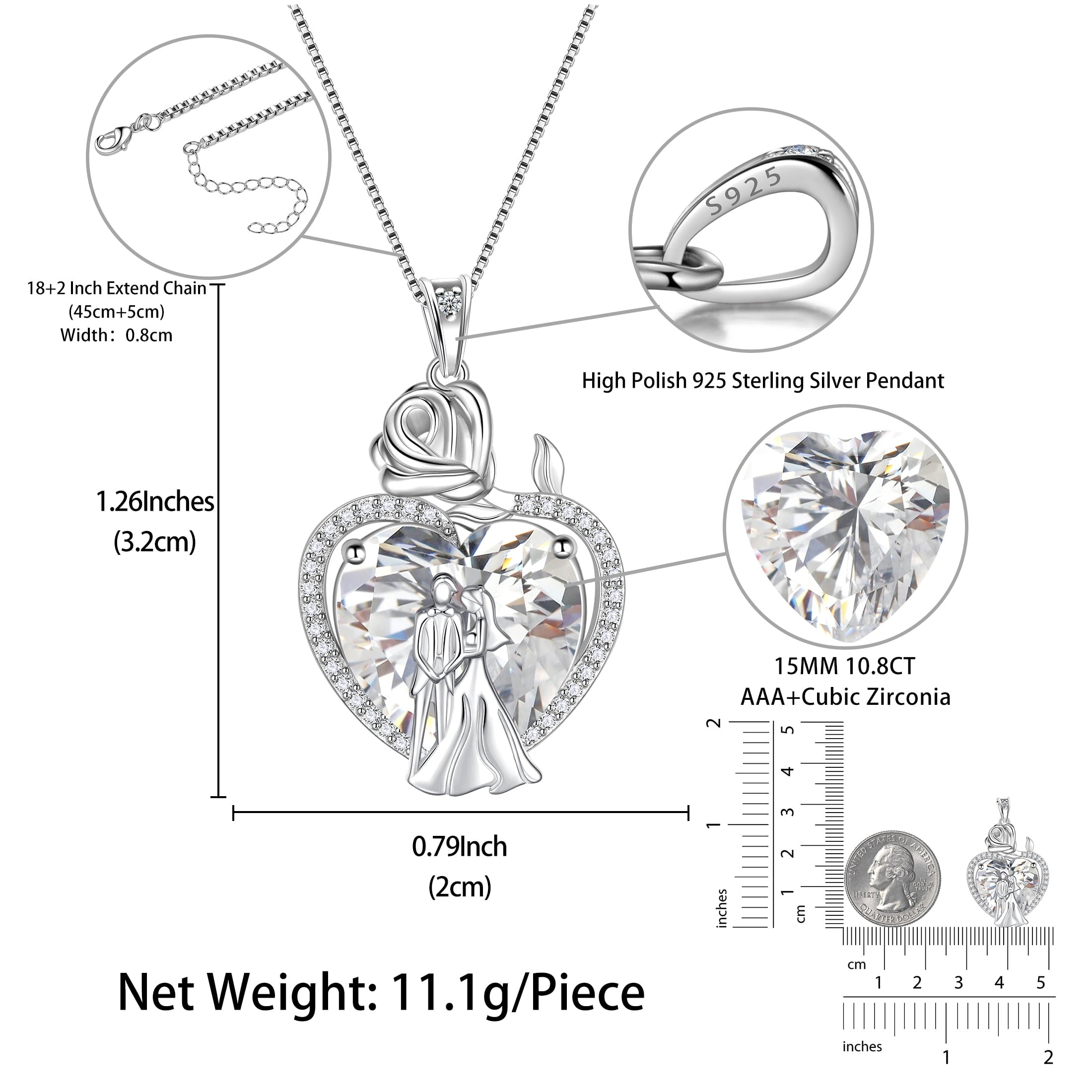 Couple Necklace for Women 925 Sterling Silver 15MM Heart April Birthstone Rose Flower Pendant Wedding Engagement Jewelry Valentine's Day Gifts for Her Wife Bride - Aurora Tears