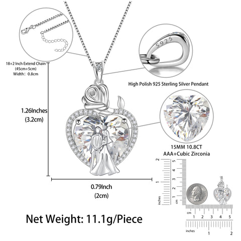 Couple Necklace for Women 925 Sterling Silver 15MM Heart April Birthstone Rose Flower Pendant Wedding Engagement Jewelry Valentine's Day Gifts for Her Wife Bride - Aurora Tears