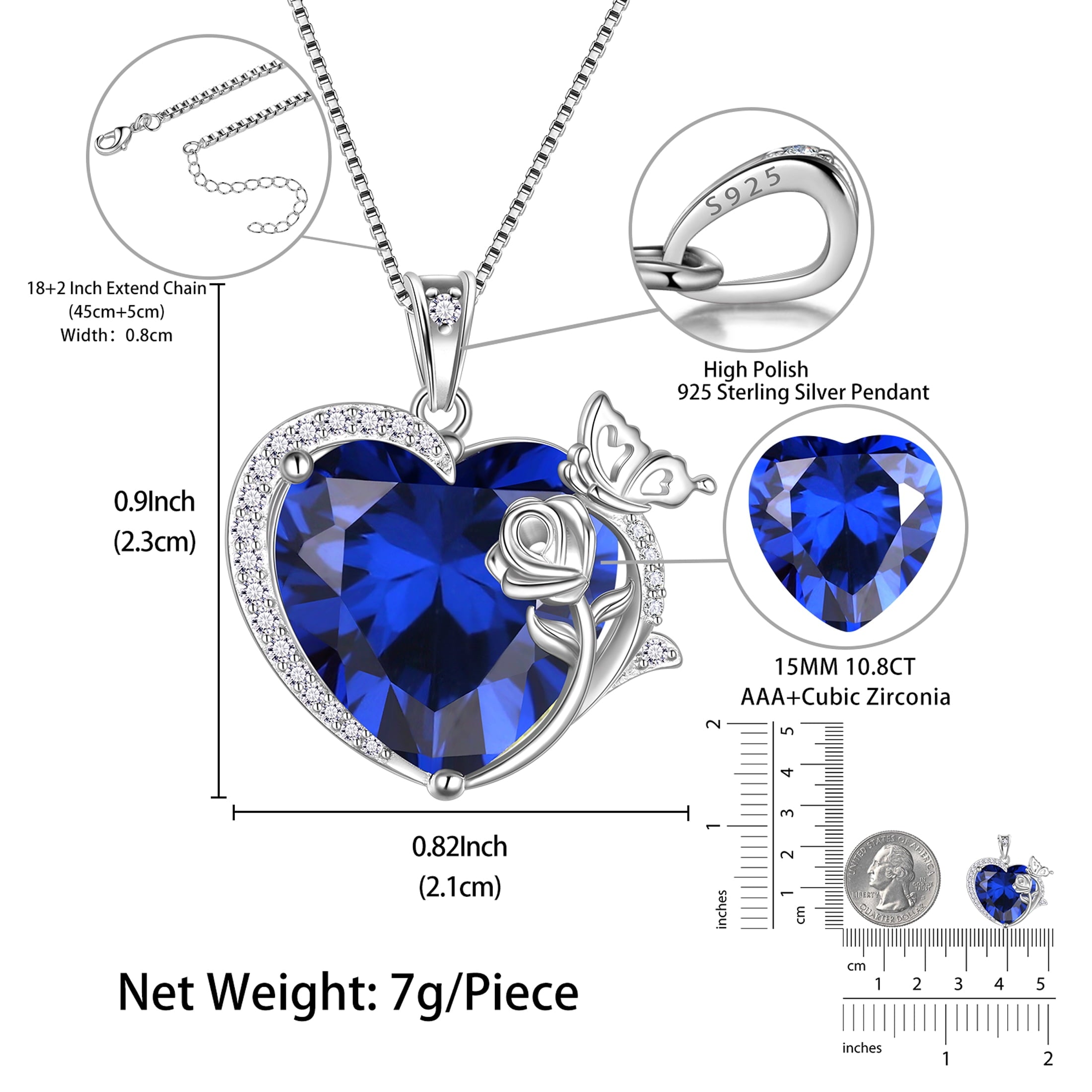 Women Heart Necklace Butterfly Rose Flower Pendant September Birthstone Blue Sapphire Jewelry 925 Sterling Silver Grandma Mother's Day Gift - Aurora Tears