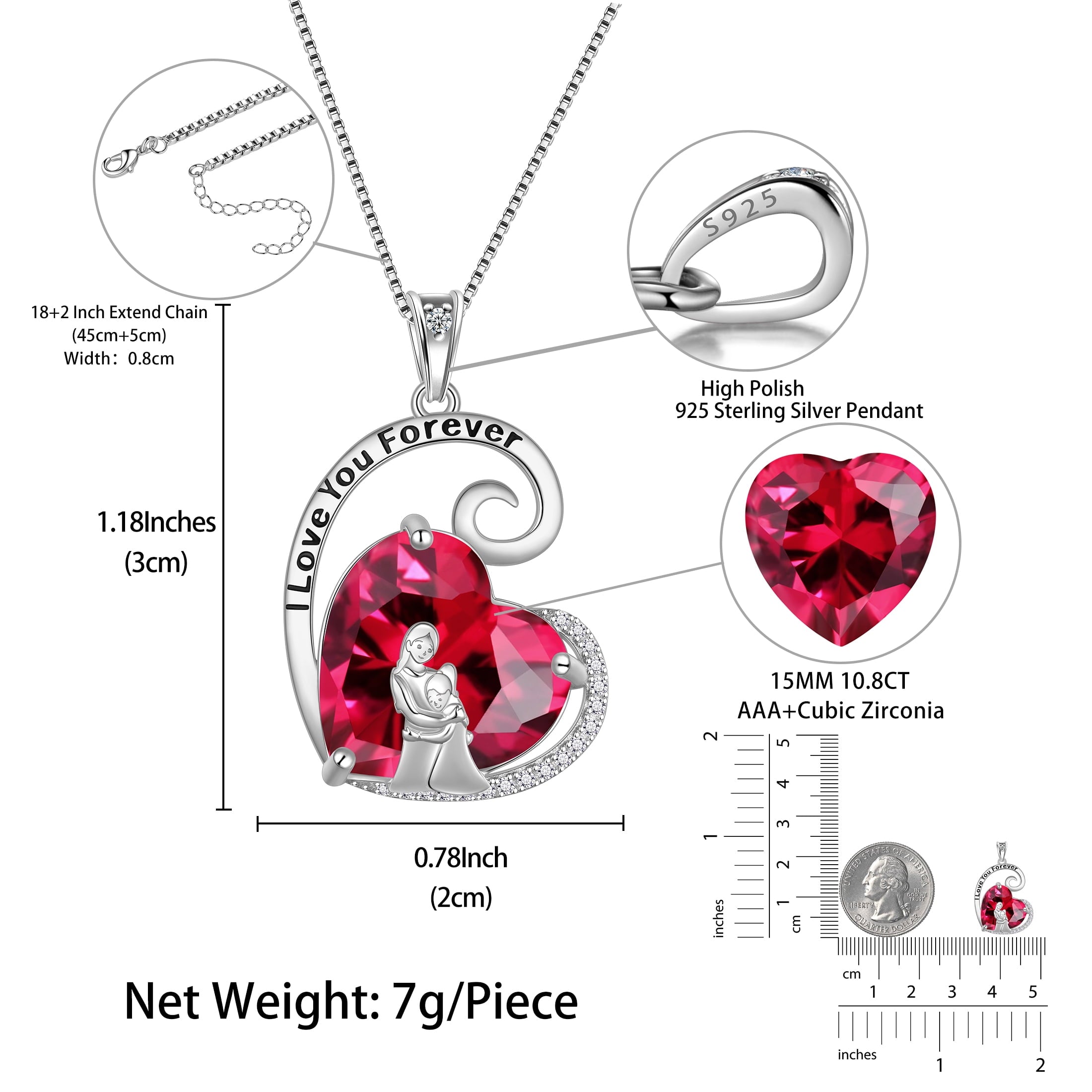 Mother Daughter Necklace 925 Sterling Silver Red Love Heart Ruby July Birthstone Pendant Jewelry Women Birthday Christmas Mother's Day Gift for Mom - Aurora Tears