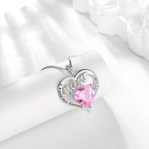 Women Mom Necklace Pink Heart October Birthstone Necklace Tourmaline 925 Sterling Silver Pendant Jewelry Grandma Christmas Birthday Mother's Day Gifts - Aurora Tears