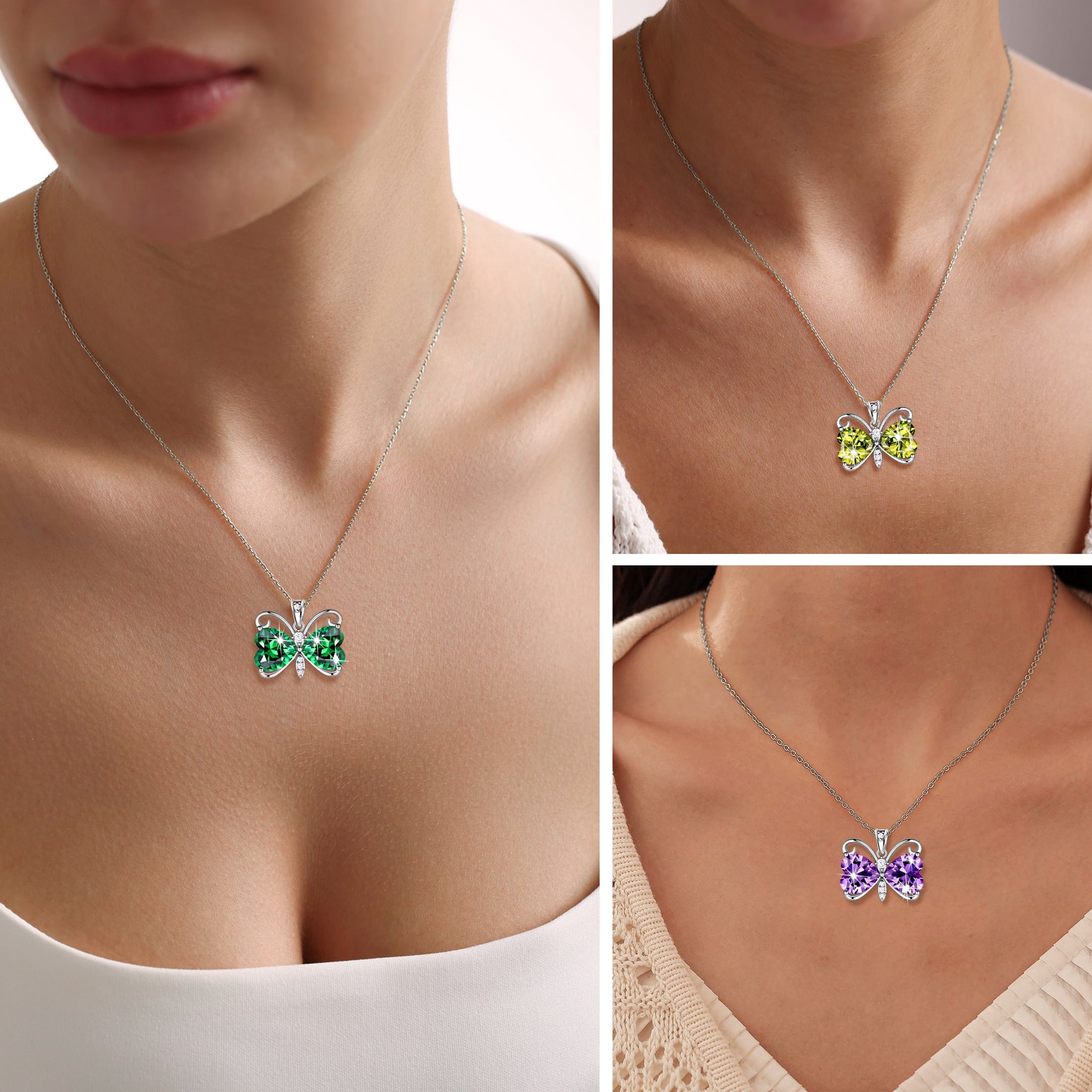 Women Green Butterfly Necklace Heart August Birthstone Necklace Peridot Silver Plated Pendant Jewelry Daughter Wife Birthday Mother's Day Gift - Aurora Tears