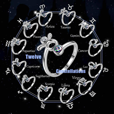 Zodiac Ring Mystic Topaz Jewelry Women 12 Horoscope Sign Ring 925 Sterling Silver - Aurora Tears Jewelry