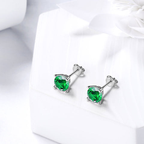 Runde Geburtsstein-Ohrringe mit Mai-Smaragd, Ohrstecker für Damen und Mädchen, Schmuck, Geburtstagsgeschenk, Sterlingsilber