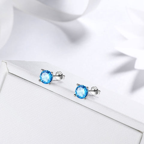 Runde Geburtsstein März Aquamarin Ohrringe Ohrstecker Damen Mädchen Schmuck Geburtstagsgeschenk Sterling Silber