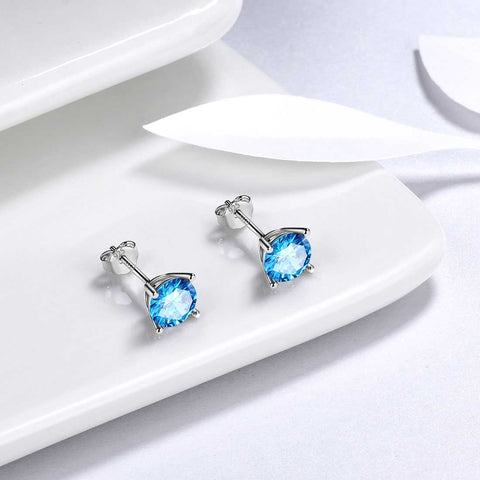 Runde Geburtsstein März Aquamarin Ohrringe Ohrstecker Damen Mädchen Schmuck Geburtstagsgeschenk Sterling Silber