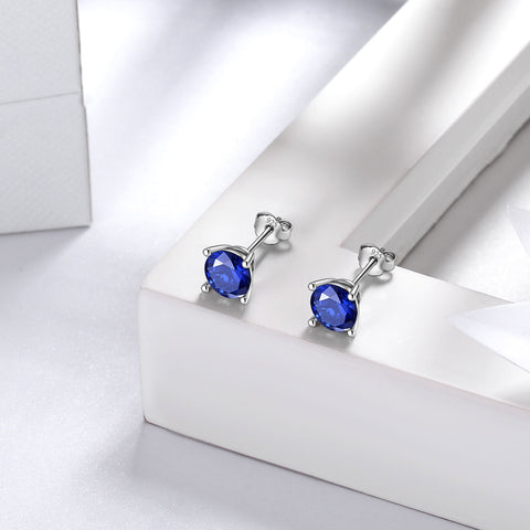 Pendientes redondos de zafiro con piedra natal de septiembre, joyería para mujeres y niñas, regalo de cumpleaños, plata de ley