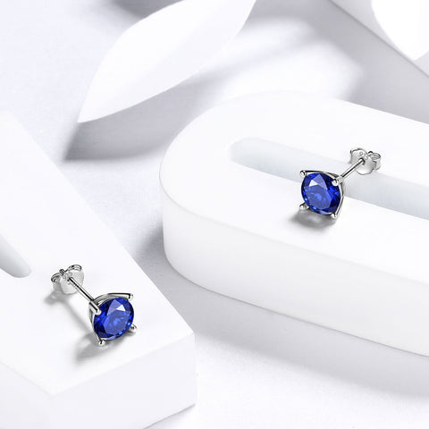 Pendientes redondos de zafiro con piedra natal de septiembre, joyería para mujeres y niñas, regalo de cumpleaños, plata de ley