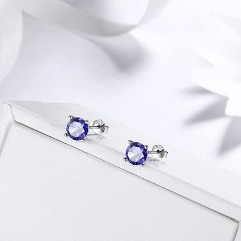 Round Birthstone December Tanzanite Earrings Stud Women Girls Jewelry Birthday Gift Sterling Silver