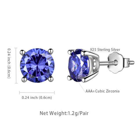 Round Birthstone December Tanzanite Earrings Stud Women Girls Jewelry Birthday Gift Sterling Silver