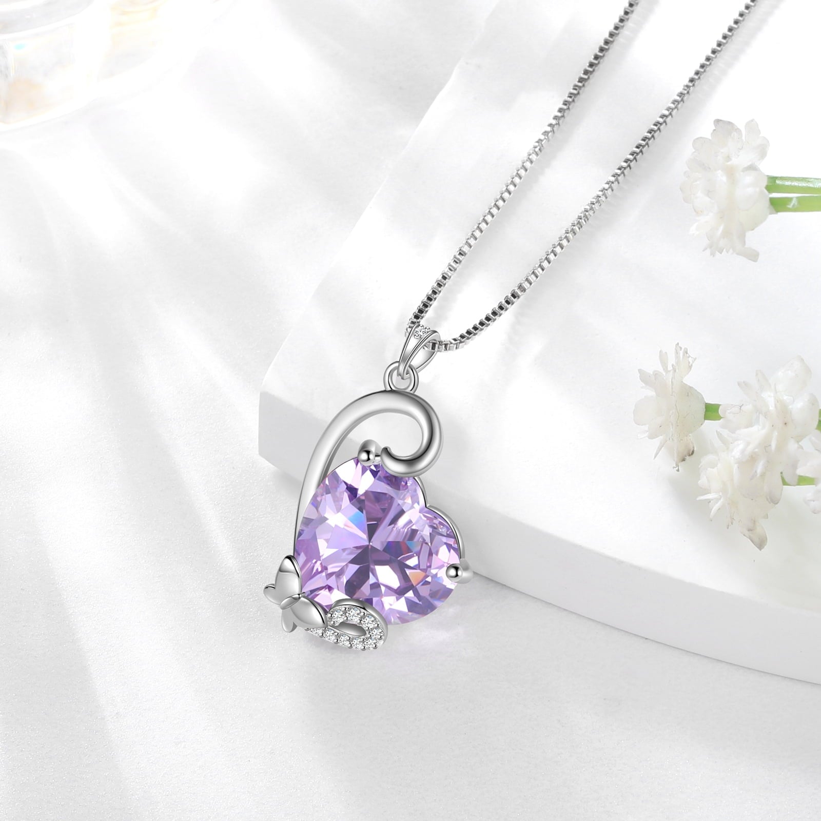 June Birthstone Heart Necklace Butterfly Pendant Alexandrite CZ 925 Sterling Silver Jewelry Mother Women Birthday Valentine's Day Gift - Aurora Tears