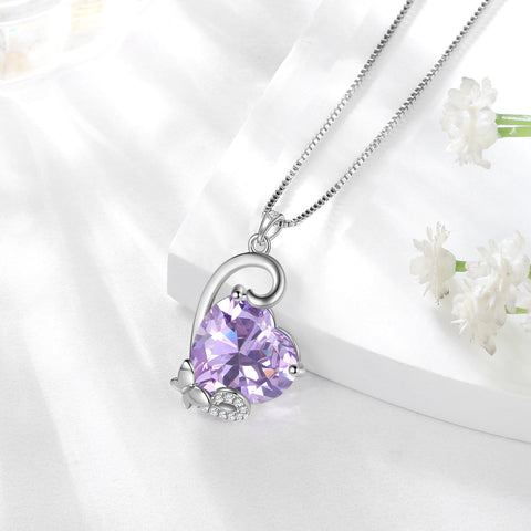 June Birthstone Heart Necklace Butterfly Pendant Alexandrite CZ 925 Sterling Silver Jewelry Mother Women Birthday Valentine's Day Gift - Aurora Tears