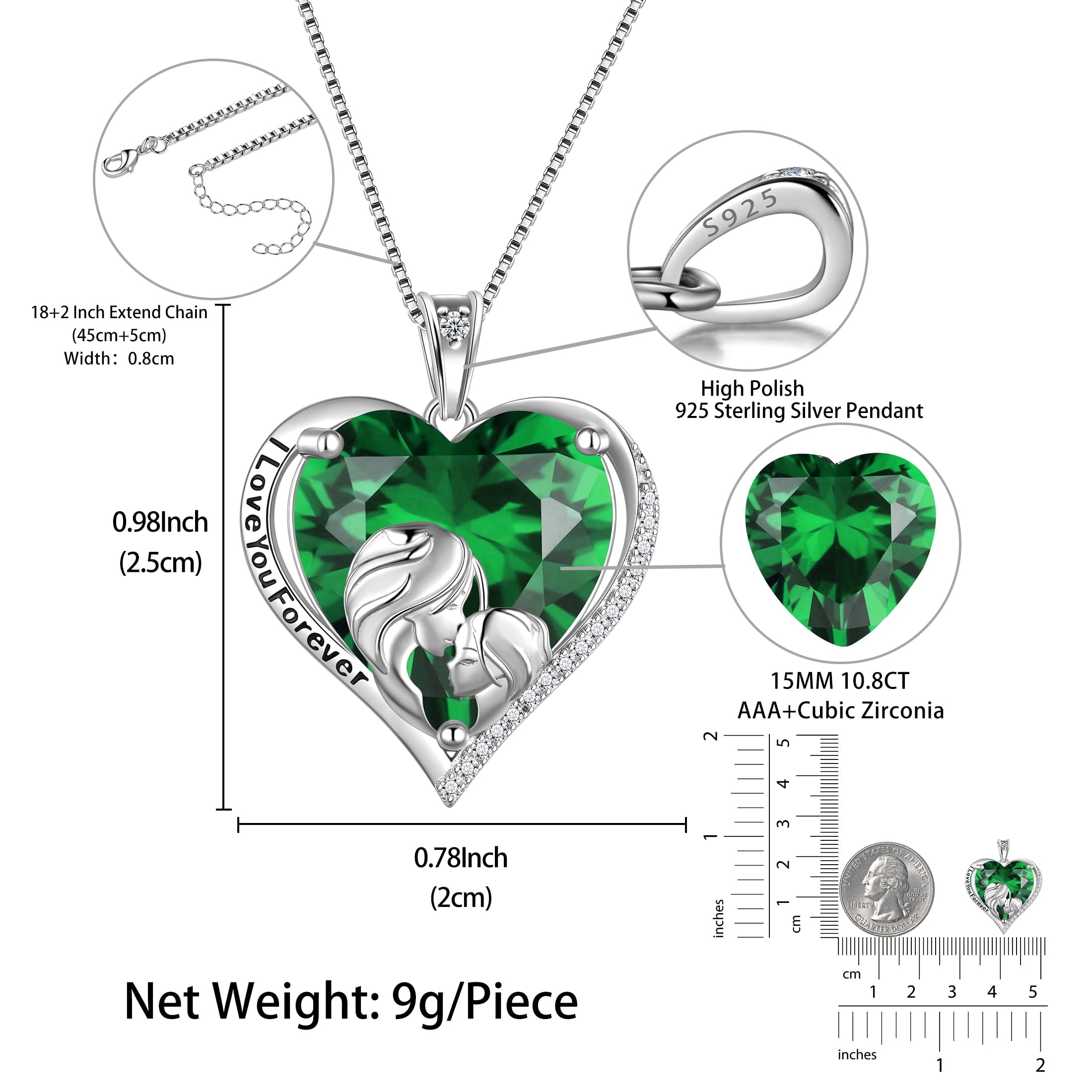 Women Heart Necklace for Mother Daughter Sister 925 Sterling Silver Green Emerald Birthstone Pendant Jewelry May Birthday Mother's Day Gift - Aurora Tears