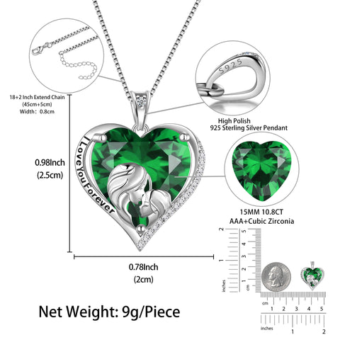 Women Heart Necklace for Mother Daughter Sister 925 Sterling Silver Green Emerald Birthstone Pendant Jewelry May Birthday Mother's Day Gift - Aurora Tears