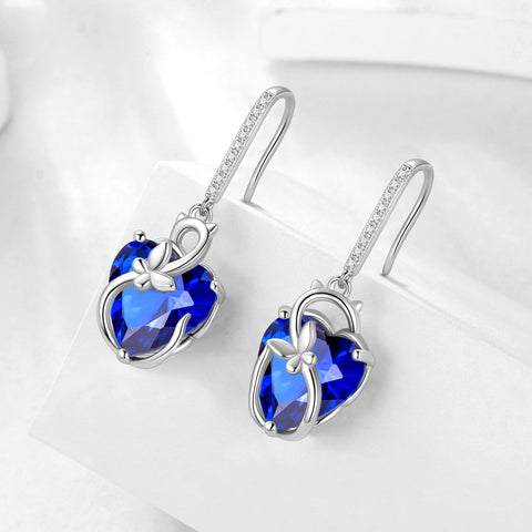 Cat Butterfly Earrings for Women 925 Sterling Silver Earrings Dangle Drop Hook Blue Heart Sapphire September Birthstone Jewelry Christmas Birthday Valentines Mother's Day Gift for Mom Wife - Aurora Tears