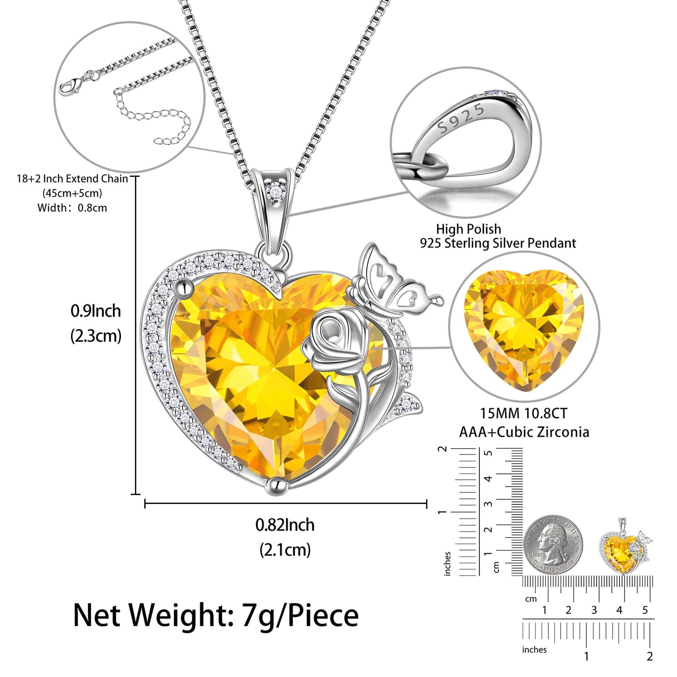 Women Necklace Butterfly Rose Flower Heart Pendant November Birthstone Citrine Yellow Jewelry 925 Sterling Silver Mom Christmas Birthday Gift - Aurora Tears
