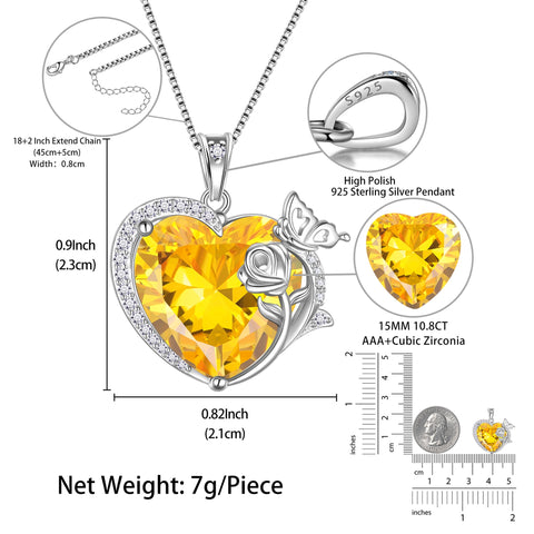 Women Necklace Butterfly Rose Flower Heart Pendant November Birthstone Citrine Yellow Jewelry 925 Sterling Silver Mom Christmas Birthday Gift - Aurora Tears