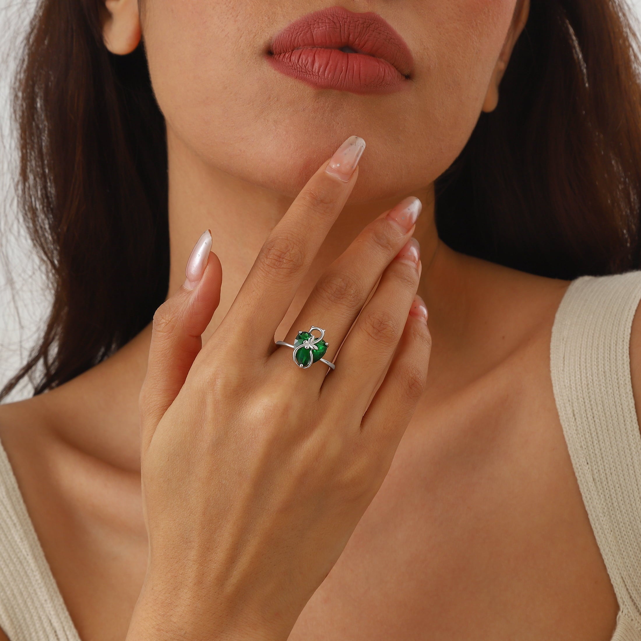 Women Heart Ring 925 Sterling Silver Cat Butterfly May Birthstone Emerald Green Solitaire Ring Jewelry Cat Lover Birthday Mother's Day Gift - Aurora Tears