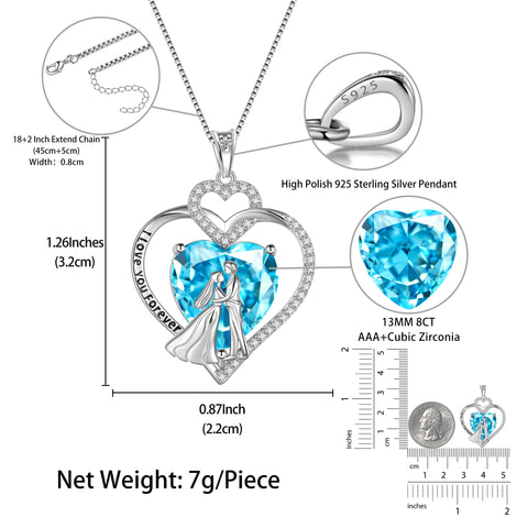 Couple Necklace for Women 925 Sterling Silver Heart March Birthstone Pendant Engraved I Love You Wedding Engagement Jewelry Valentines Day Gift for Wife Bride Her - Aurora Tears