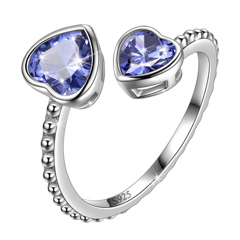 Women Double Love Hearts Birthstone Ring Girls Birthsday Gift 925 Sterling Silver