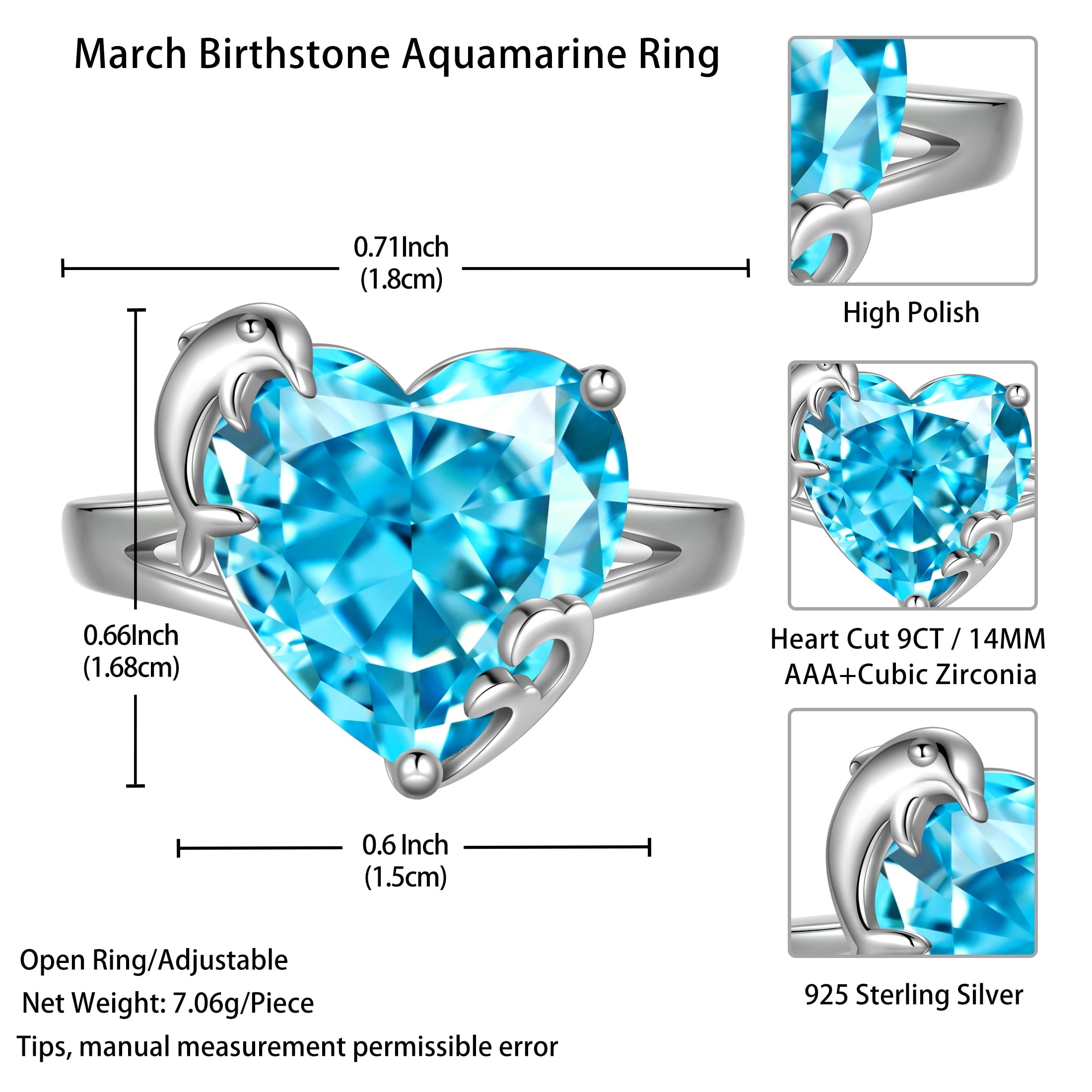 9Ct Women Heart Ring 925 Sterling Silver Dolphin March Birthstone Aquamarine Blue Solitaire Ring Jewelry Birthday Gift for Mother - Aurora Tears