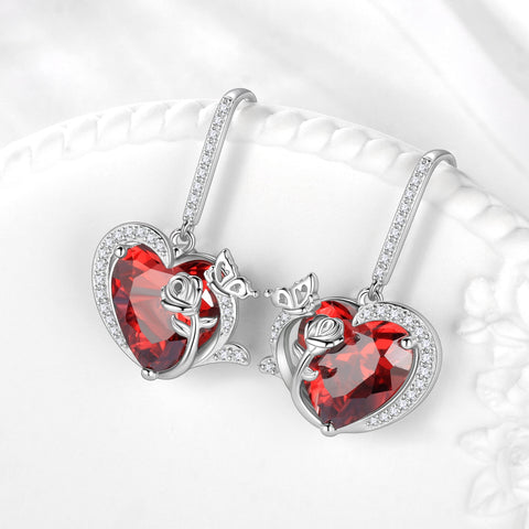 Women January Birthstone Dangle Drop Earrings Heart Garnet Red Butterfly Rose Flower 925 Sterling Silver Hook Jewelry Mom Birthday Gift - Aurora Tears