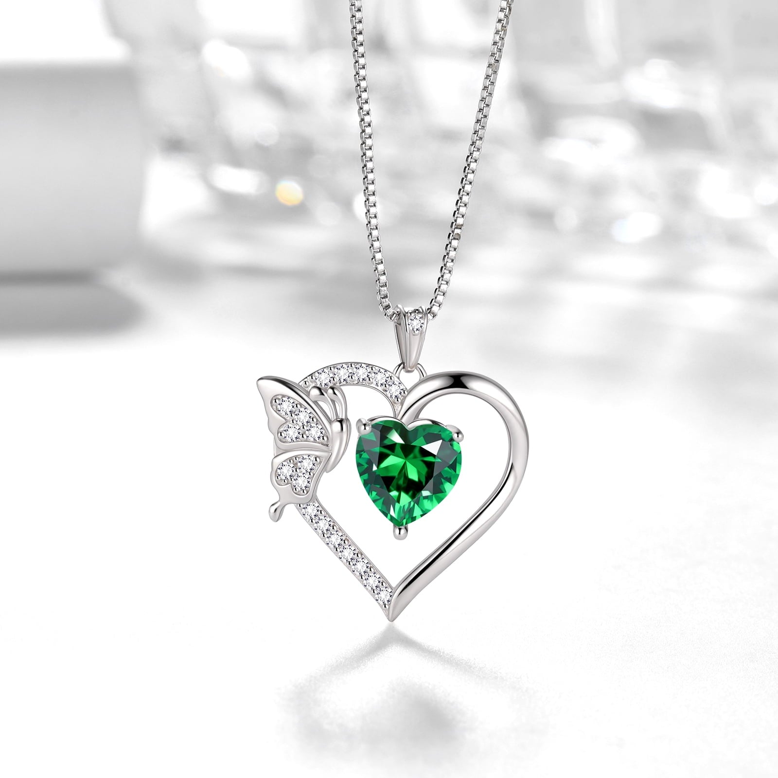 Women Green Heart Necklace Butterfly May Birthstone Necklace Emerald 925 Sterling Silver Pendant Jewelry Christmas Birthday Mother's Day Gifts - Aurora Tears