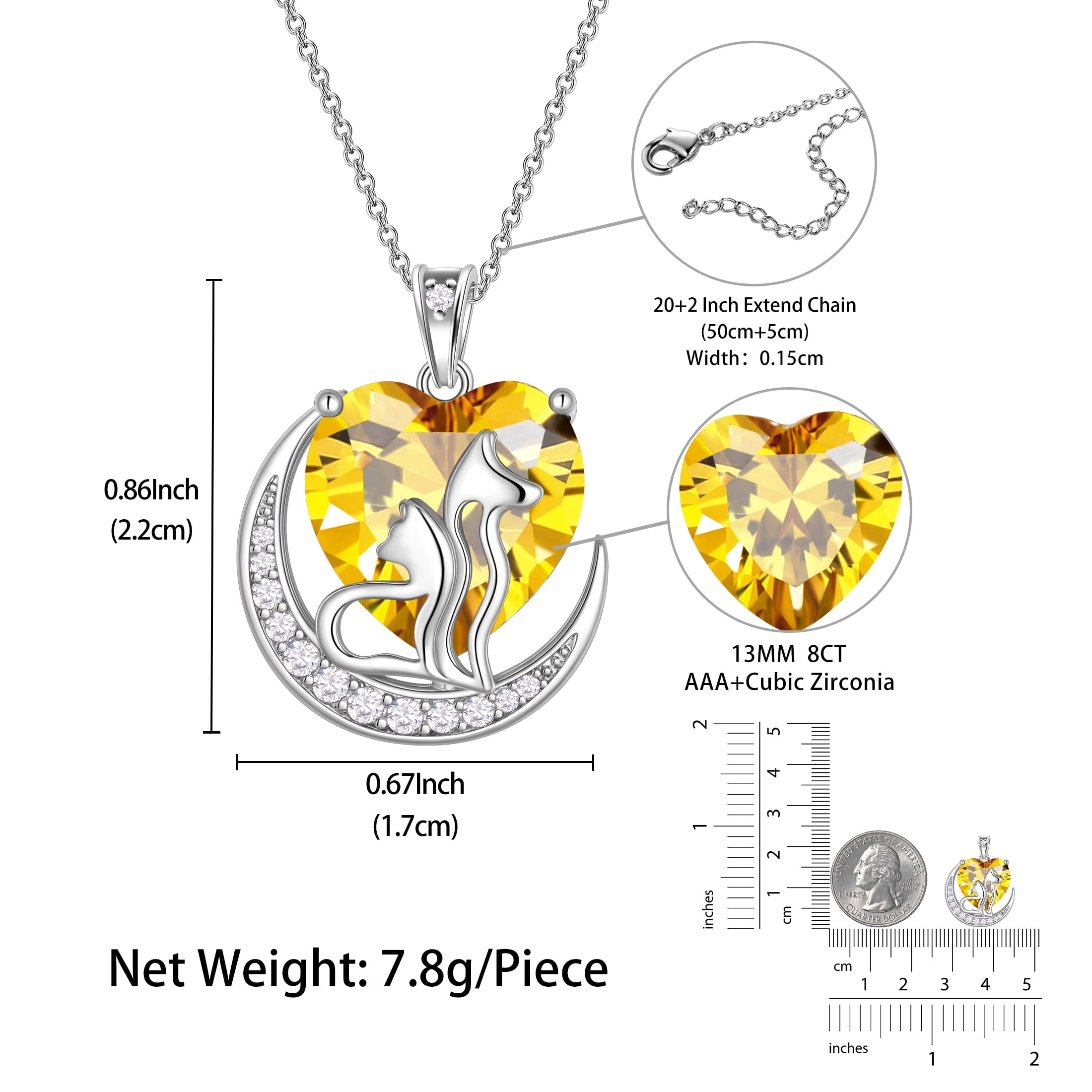Women Animal Cat and Dog Necklace Yellow Heart November Birthstone Charm Citrine Pendant Jewelry Christmas Birthday Gift for Mother Daughter Pet Lovers - Aurora Tears