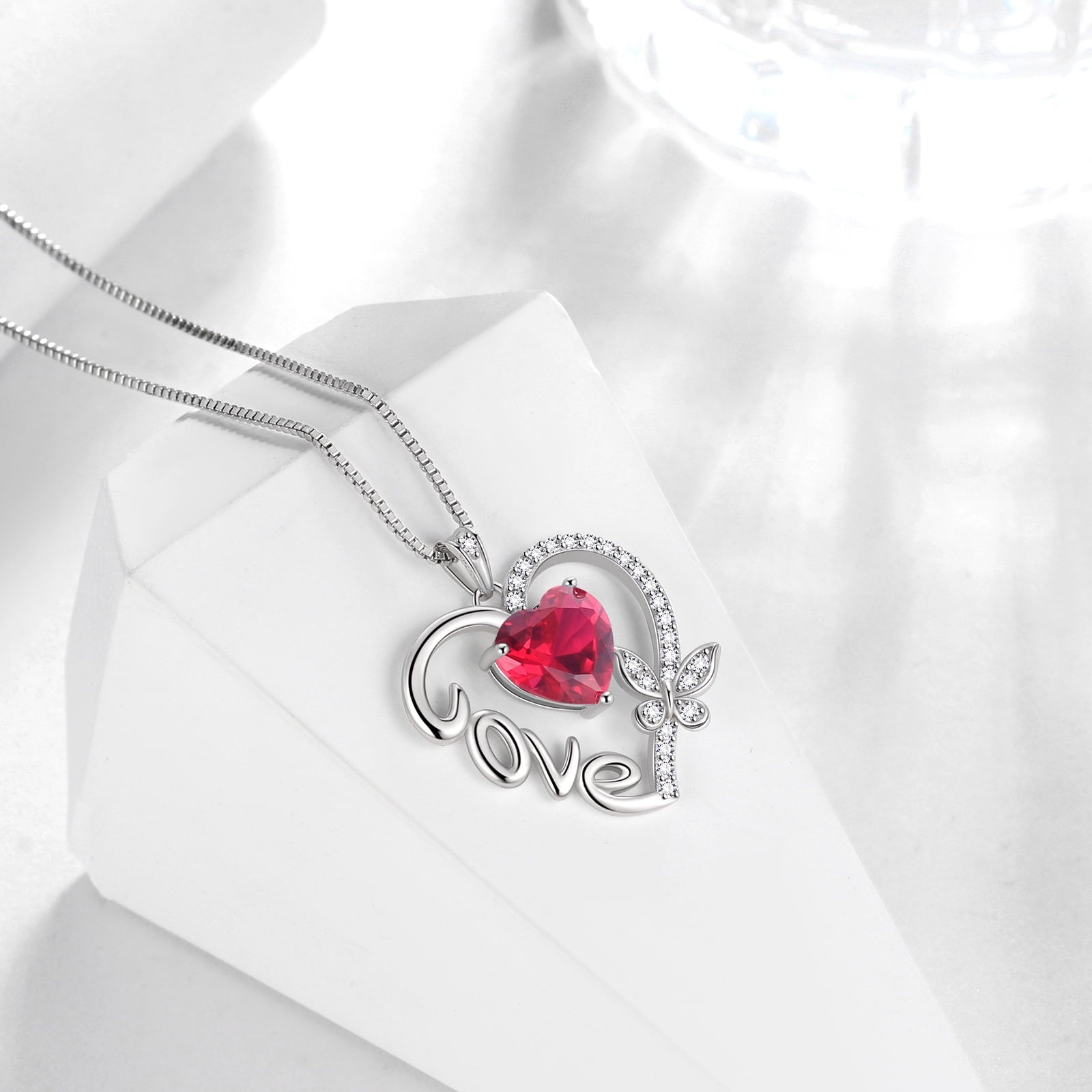 Women Red Love Heart Necklace Butterfly July Birthstone Necklace Ruby 925 Sterling Silver Pendant Jewelry Mother Birthday Valentine's Day Gift for Her - Aurora Tears