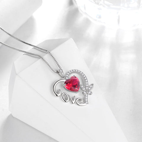 Women Red Love Heart Necklace Butterfly July Birthstone Necklace Ruby 925 Sterling Silver Pendant Jewelry Mother Birthday Valentine's Day Gift for Her - Aurora Tears