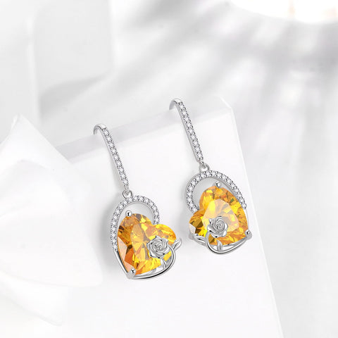 925 Sterling Silver Earrings Women Heart November Birthstone Hook Dangle Earring Citrine Yellow Rose Flower Jewelry Mother Wife Christmas Birthday Gift - Aurora Tears
