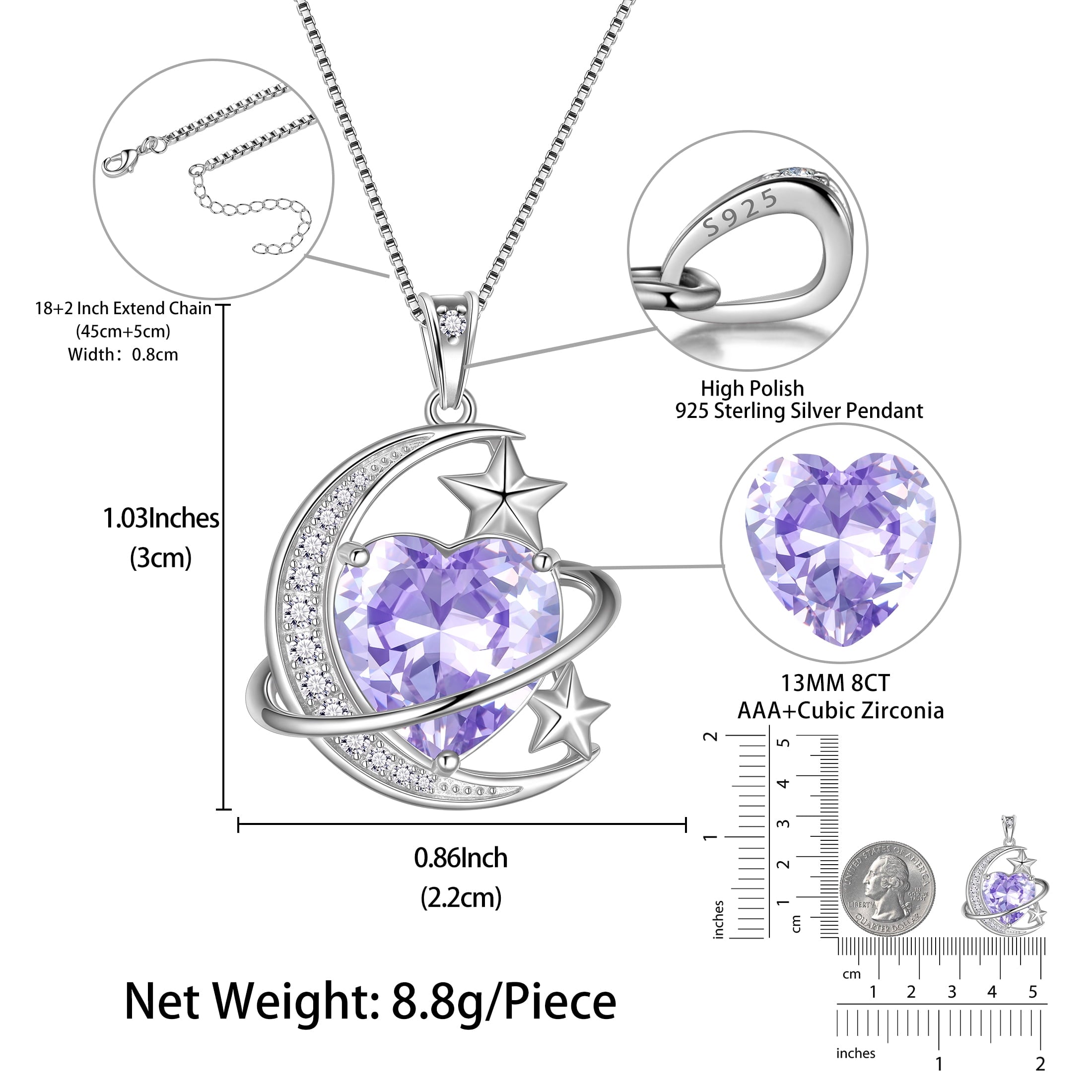 13MM Women Moon and Star Necklace Heart June Birthstone 925 Sterling Silver Celestial Pendant Purple Alexandrite Jewelry Christmas Birthday Valentines Gift for Her/Wife/Mom - Aurora Tears